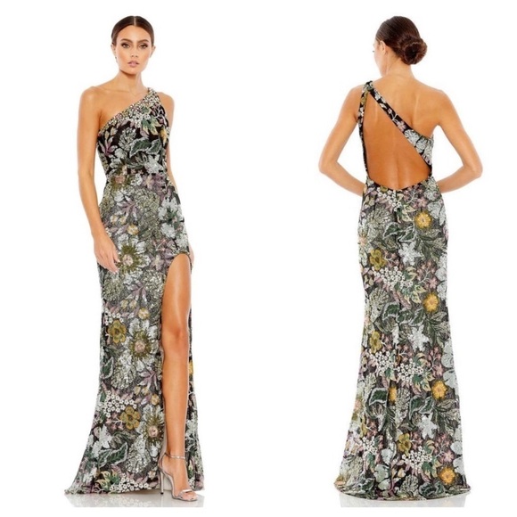 Mac Duggal Asymmetric Cutout Back Floral Evening Gown Size 12 NWT - Picture 1 of 14